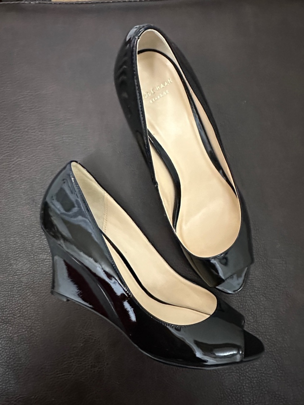 Sz 7.5 New Cole Haan Black Patent Peep Toe Wedge Heels.